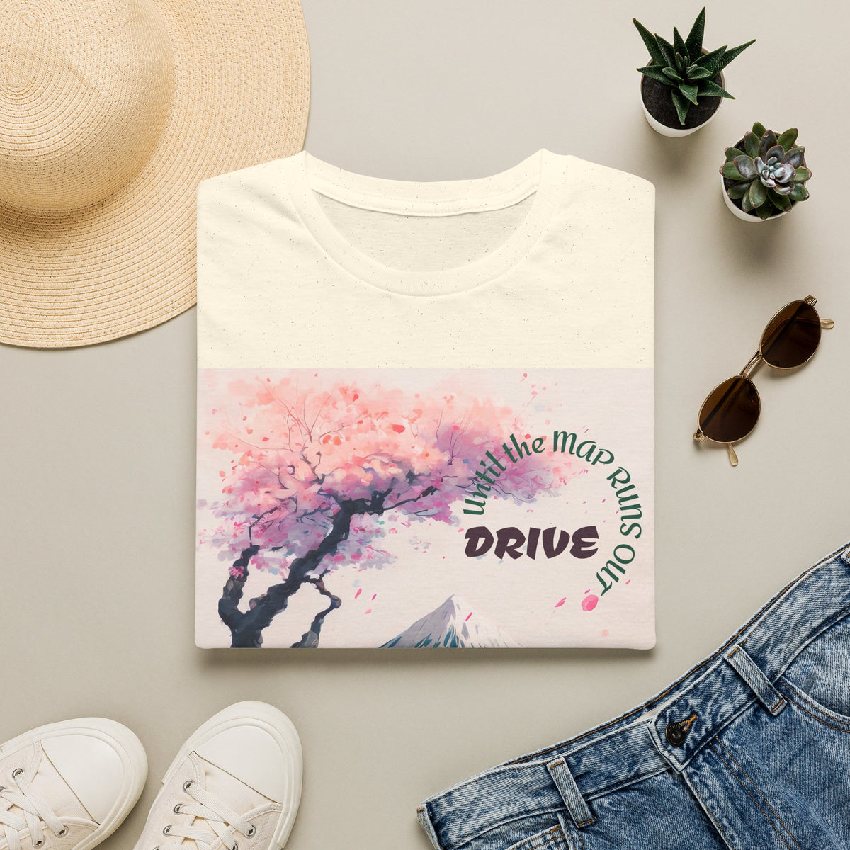 Cherry Blossom Skyline Drive T-Shirt | Retro Car, Mount Fuji