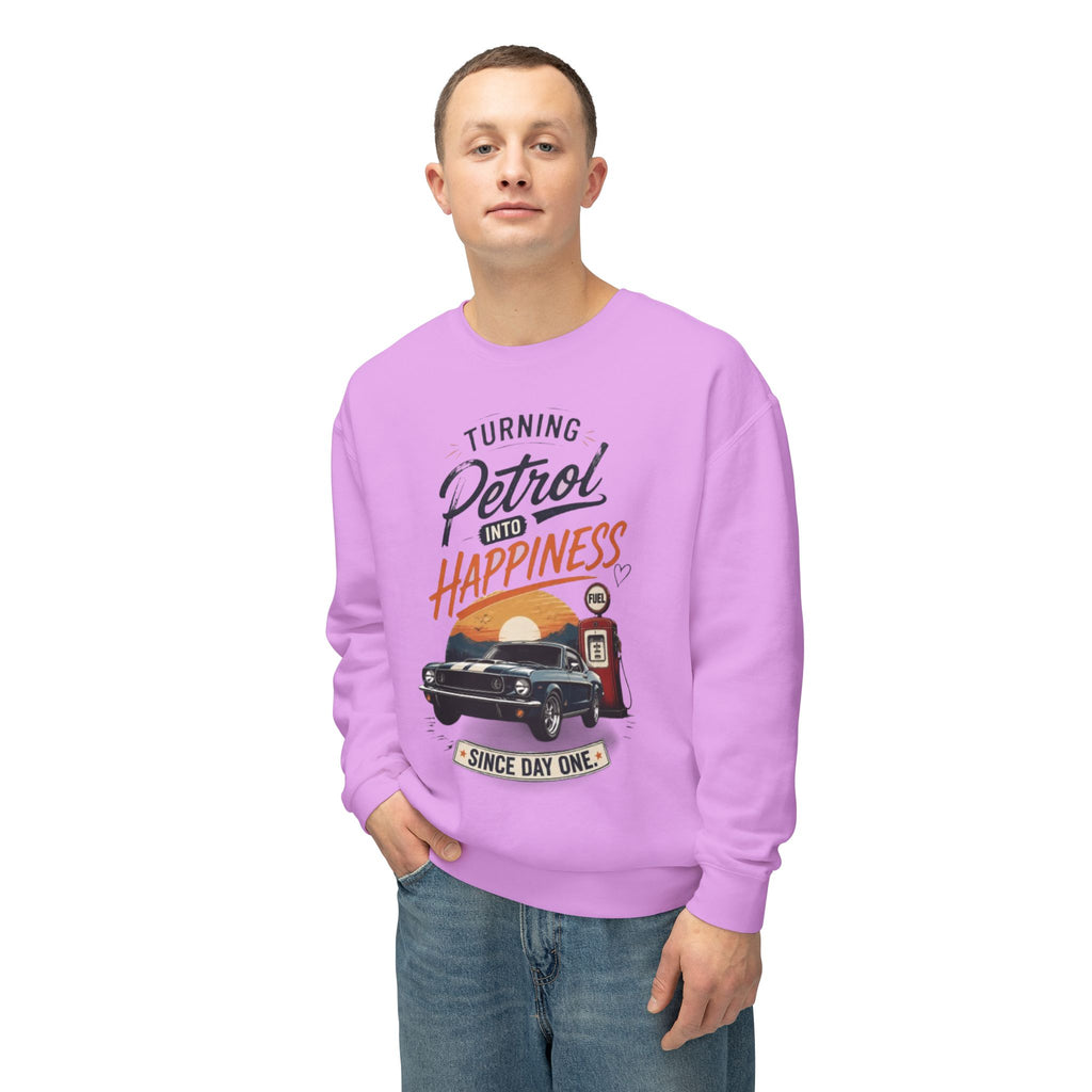 Petrol Into Happiness Crewneck Sweatshirt — Classic Car & Vintage Gas Pump Graphic