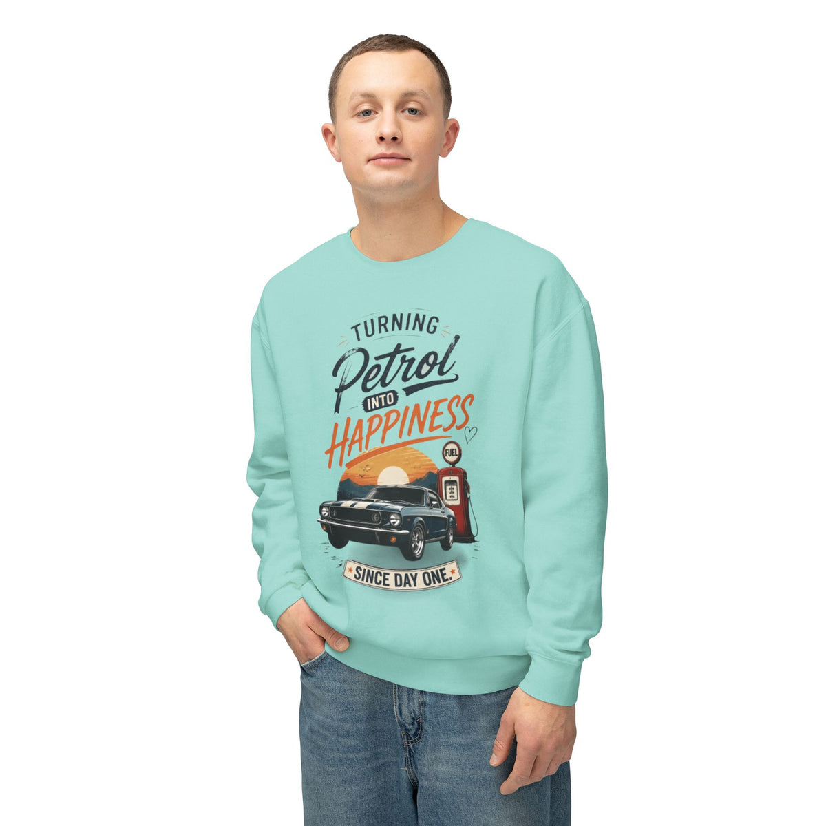 Petrol Into Happiness Crewneck Sweatshirt — Classic Car & Vintage Gas Pump Graphic