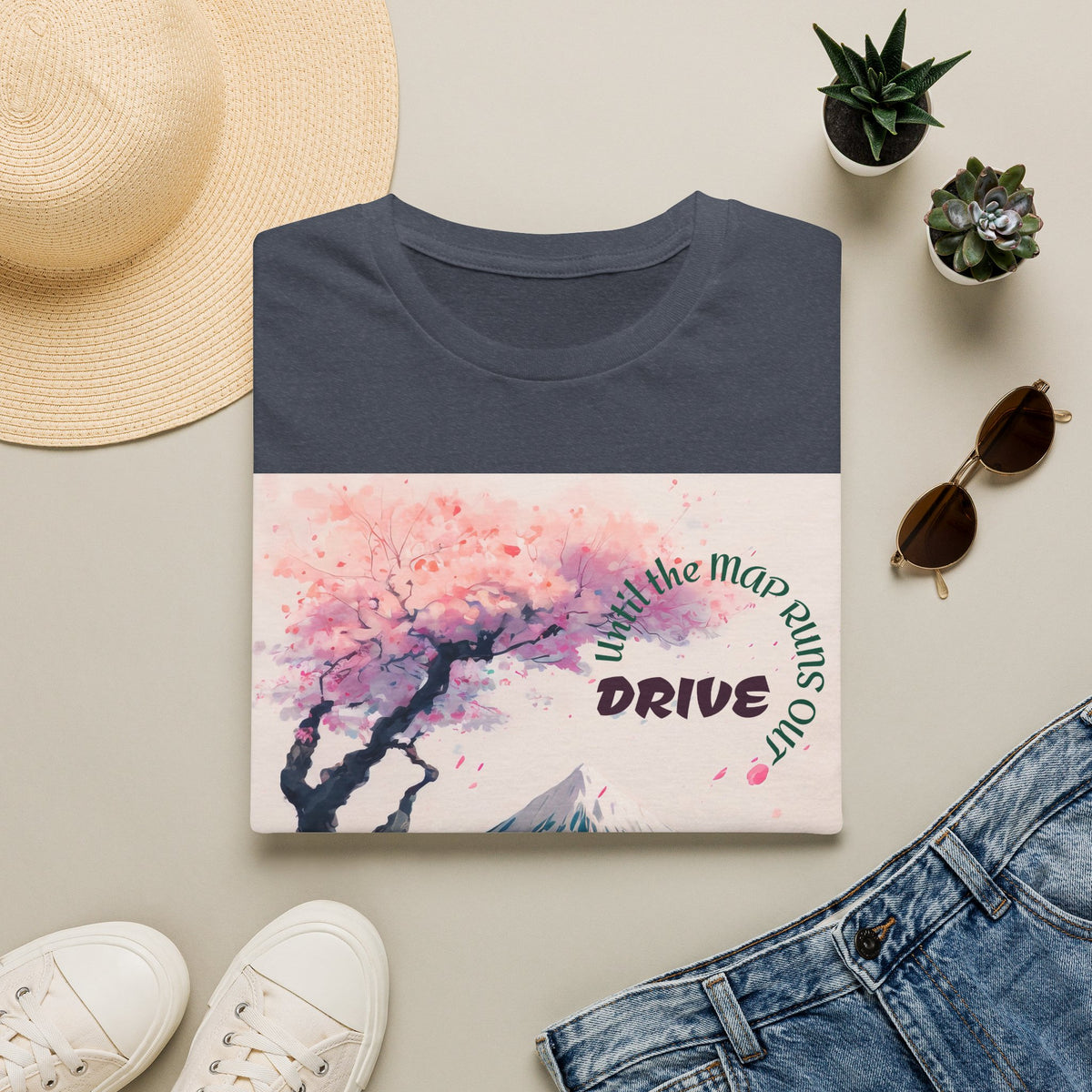 Cherry Blossom Skyline Drive T-Shirt | Retro Car, Mount Fuji
