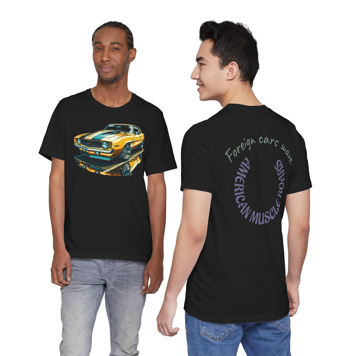 Yellow Classic Muscle Car T-Shirt | American Muscle Roars back graphic tee