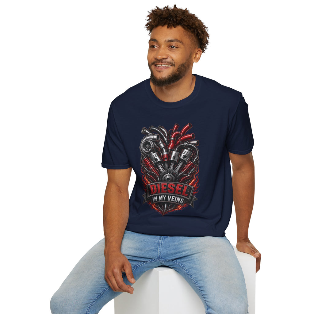 Diesel In My Veins T-Shirt — Engine Heart Graphic Tee for Car & Motor Enthusiasts