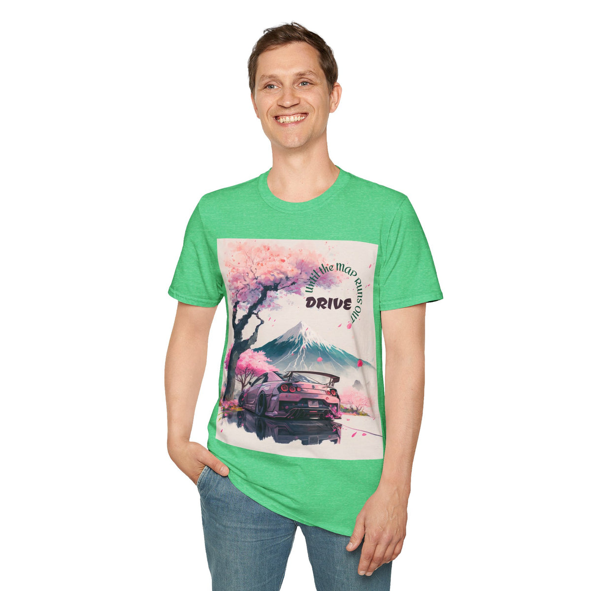 Cherry Blossom Skyline Drive T-Shirt | Retro Car, Mount Fuji
