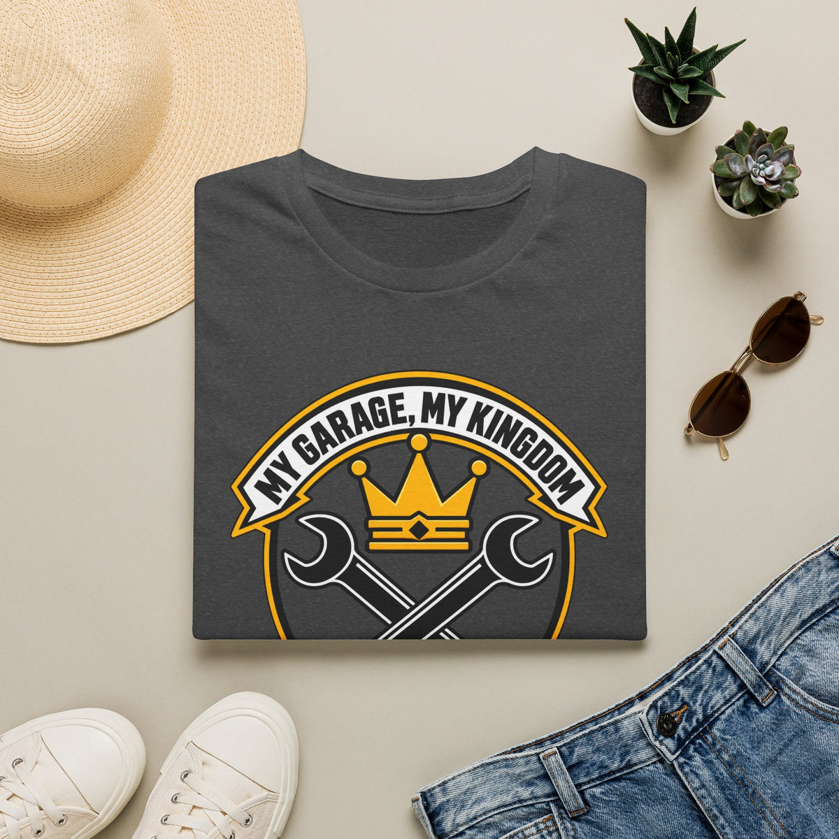 Garage King T-Shirt — "My Garage, My Kingdom" Wrench & Crown Tee