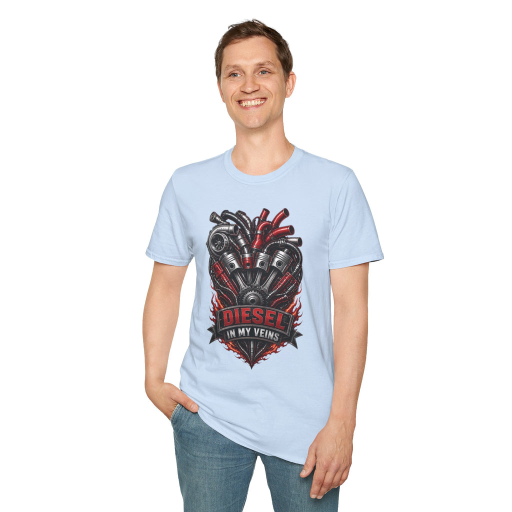 Diesel In My Veins T-Shirt — Engine Heart Graphic Tee for Car & Motor Enthusiasts