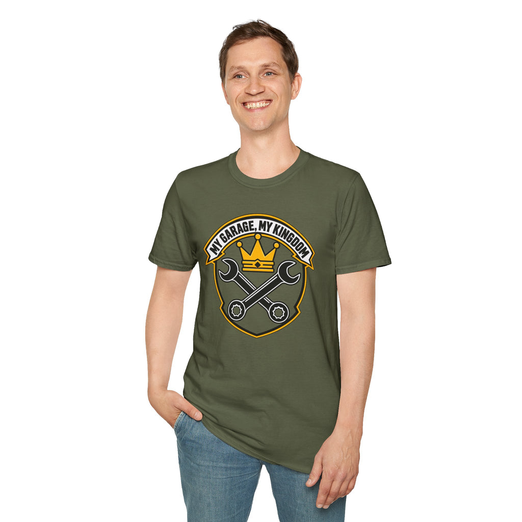 Garage King T-Shirt — "My Garage, My Kingdom" Wrench & Crown Tee