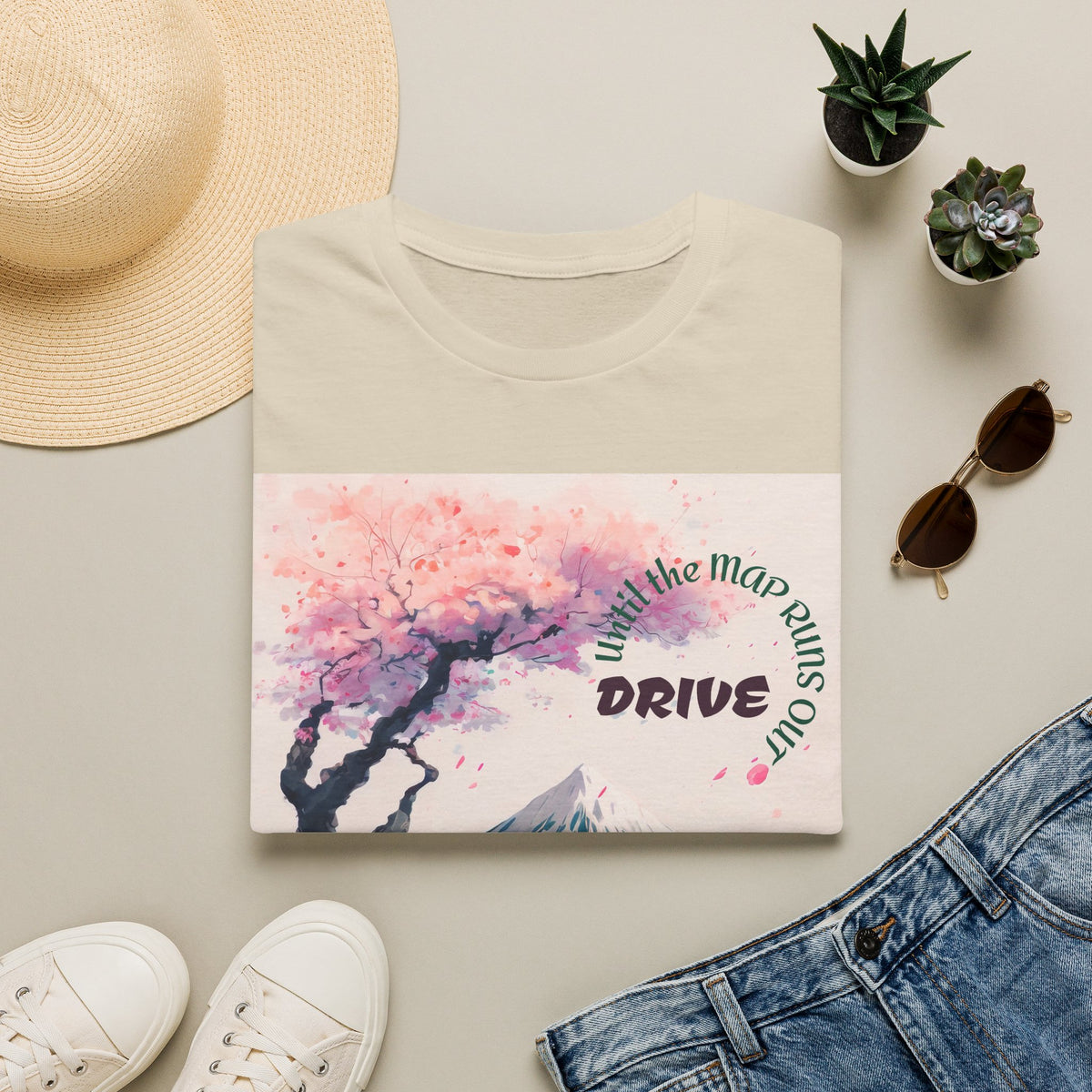 Cherry Blossom Skyline Drive T-Shirt | Retro Car, Mount Fuji