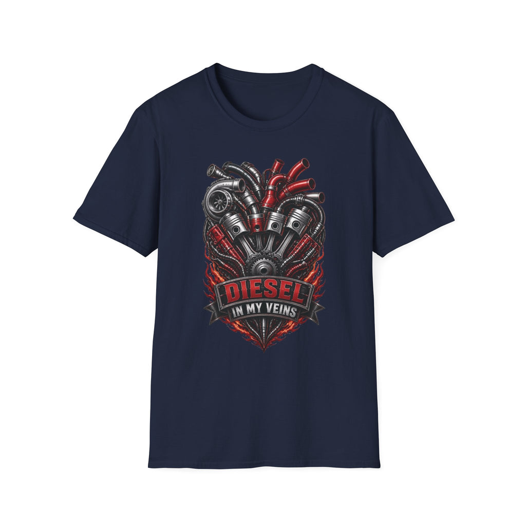Diesel In My Veins T-Shirt — Engine Heart Graphic Tee for Car & Motor Enthusiasts