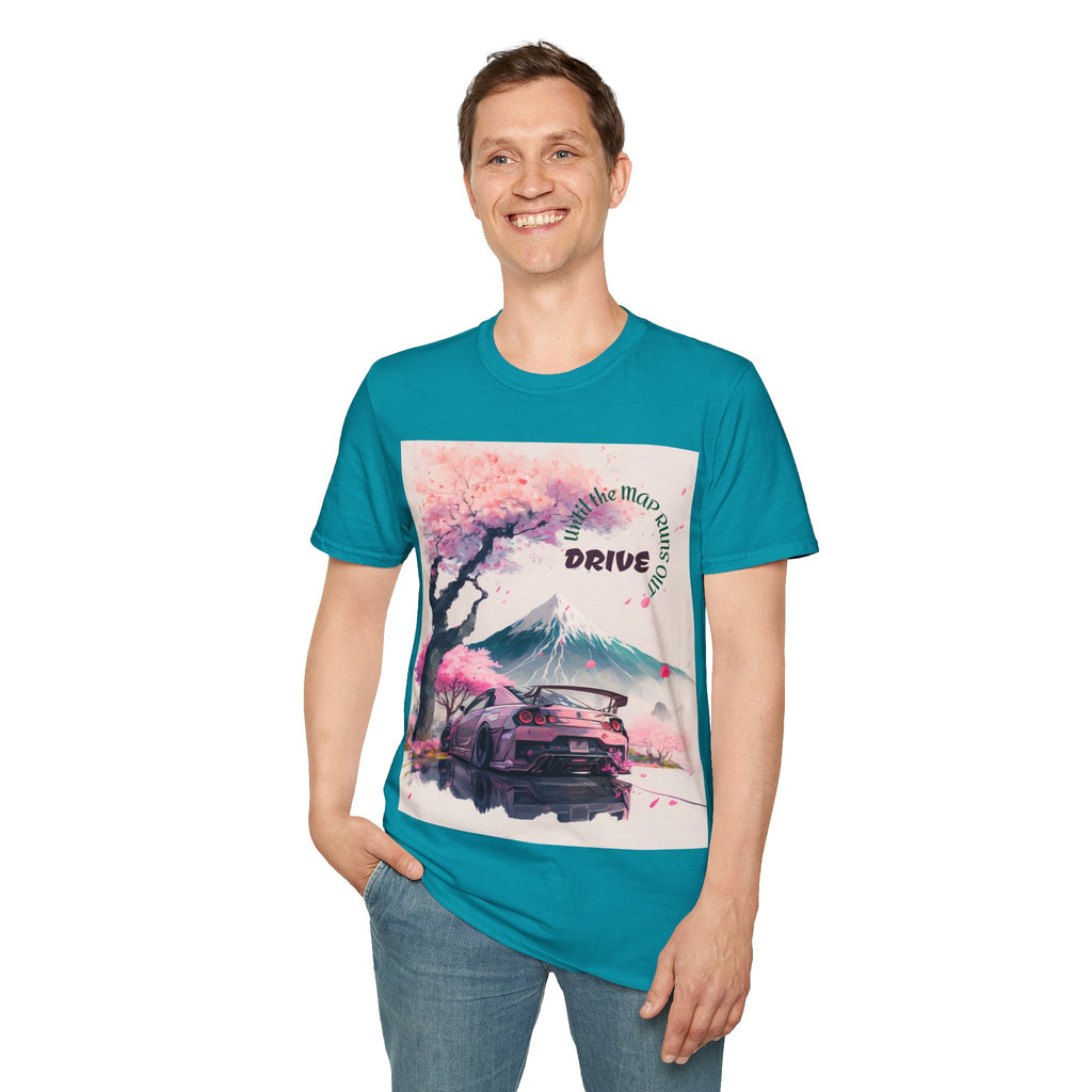 Cherry Blossom Skyline Drive T-Shirt | Retro Car, Mount Fuji