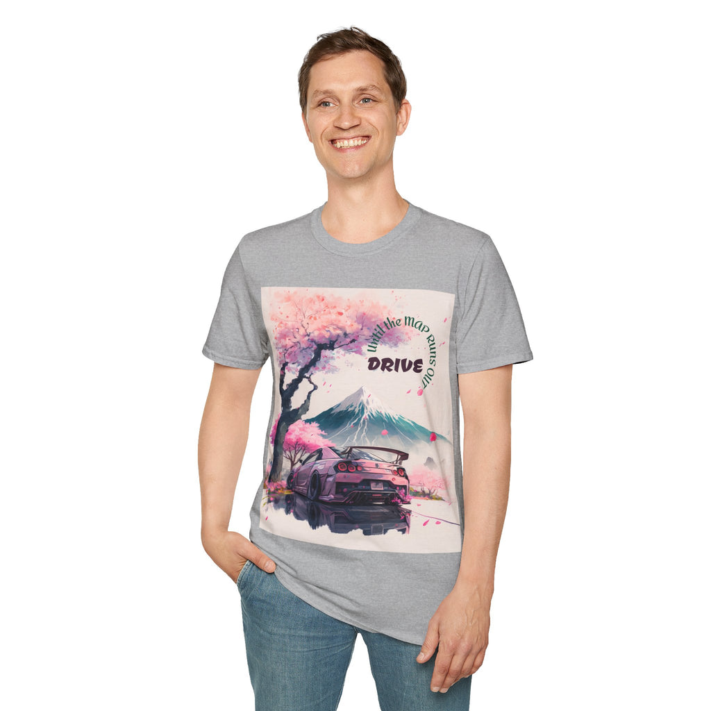 Cherry Blossom Skyline Drive T-Shirt | Retro Car, Mount Fuji