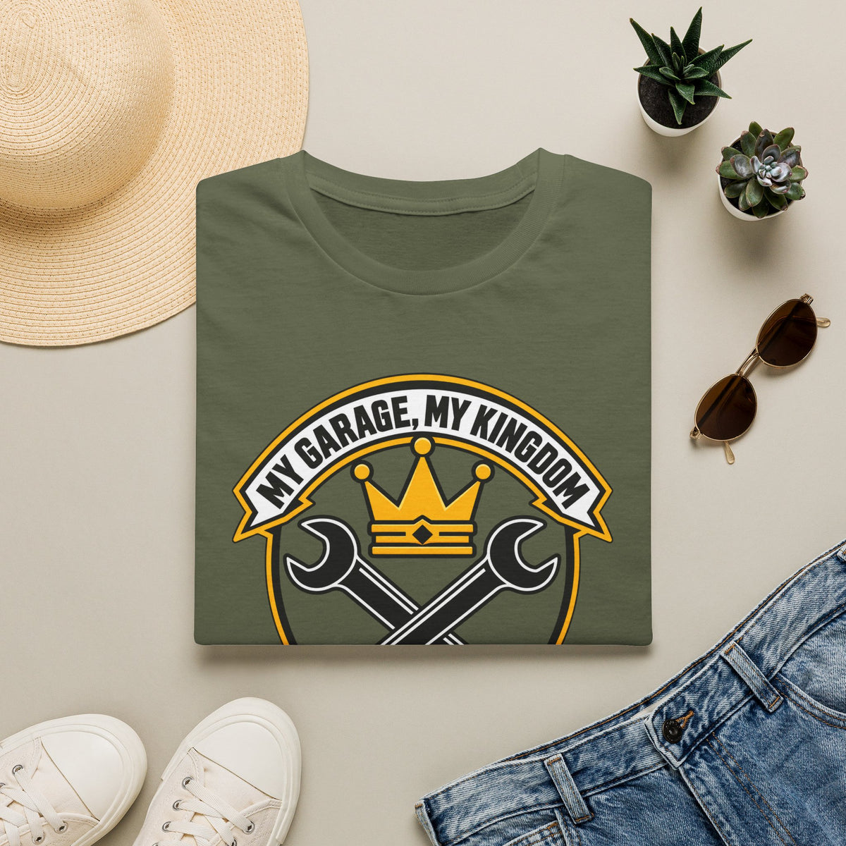 Garage King T-Shirt — "My Garage, My Kingdom" Wrench & Crown Tee