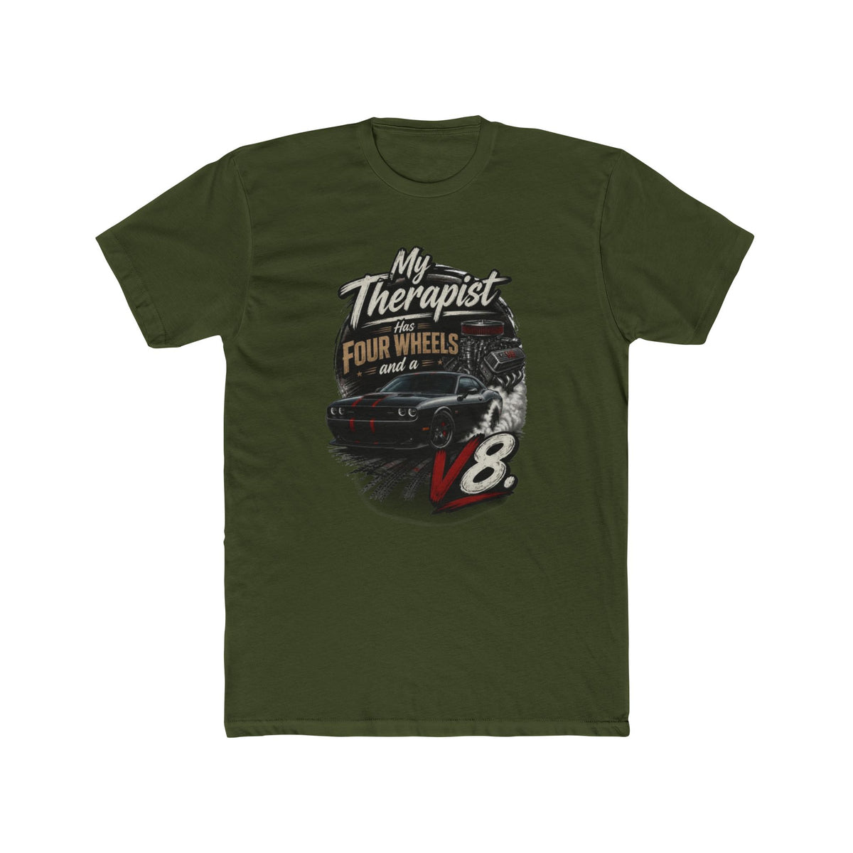 V8 Therapy T-Shirt - "My Therapist Has Four Wheels and a V8" Classic Car Tee