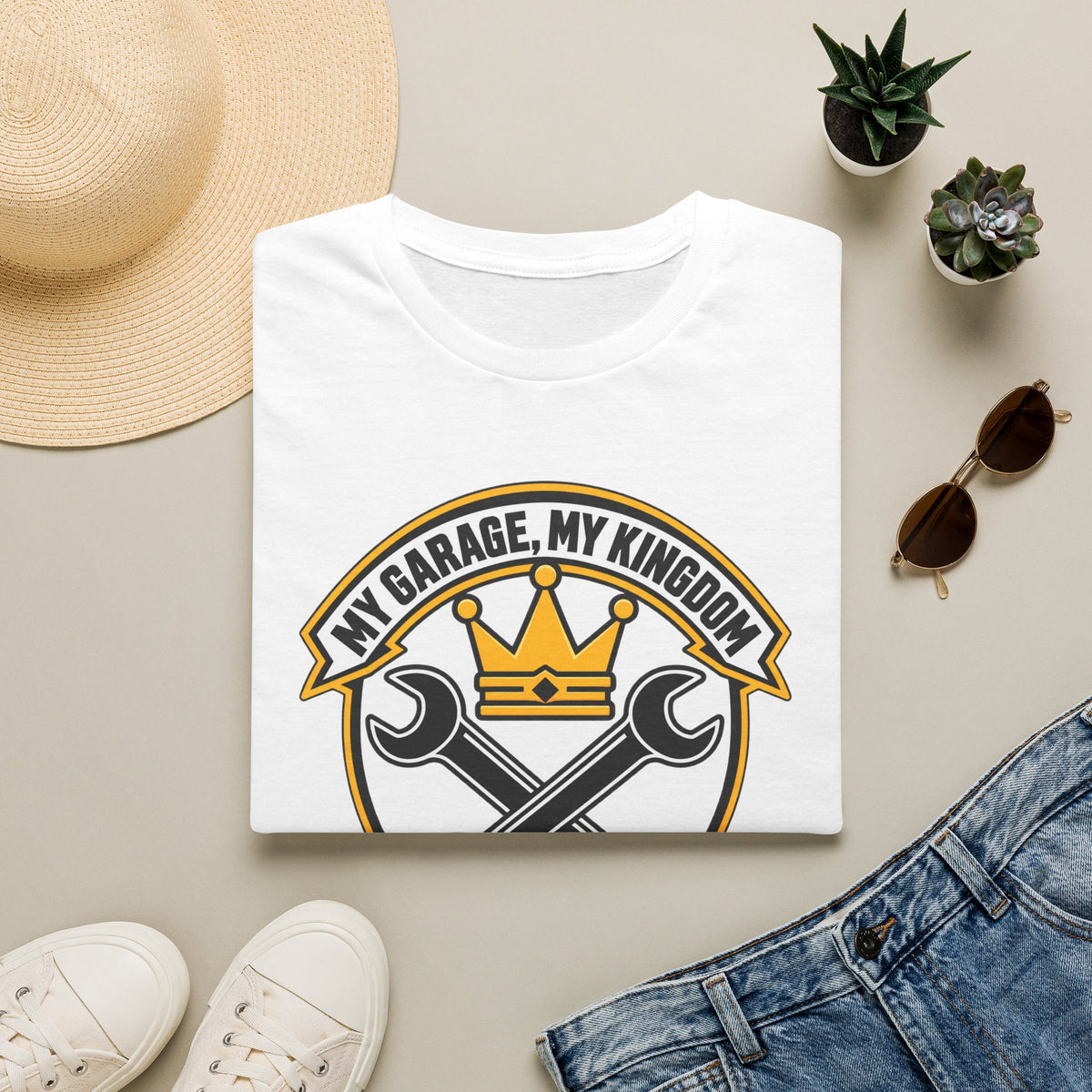 Garage King T-Shirt — "My Garage, My Kingdom" Wrench & Crown Tee