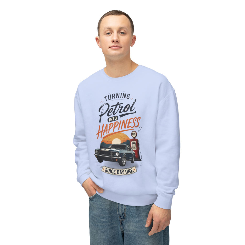 Petrol Into Happiness Crewneck Sweatshirt — Classic Car & Vintage Gas Pump Graphic