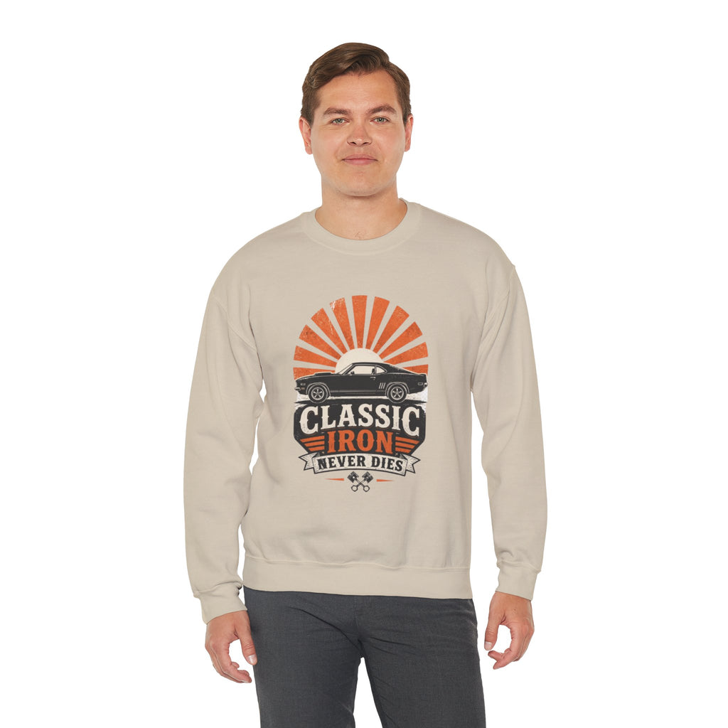 Classic Car Sweatshirt - "Classic Iron Never Dies" Retro Muscle Car Crewneck