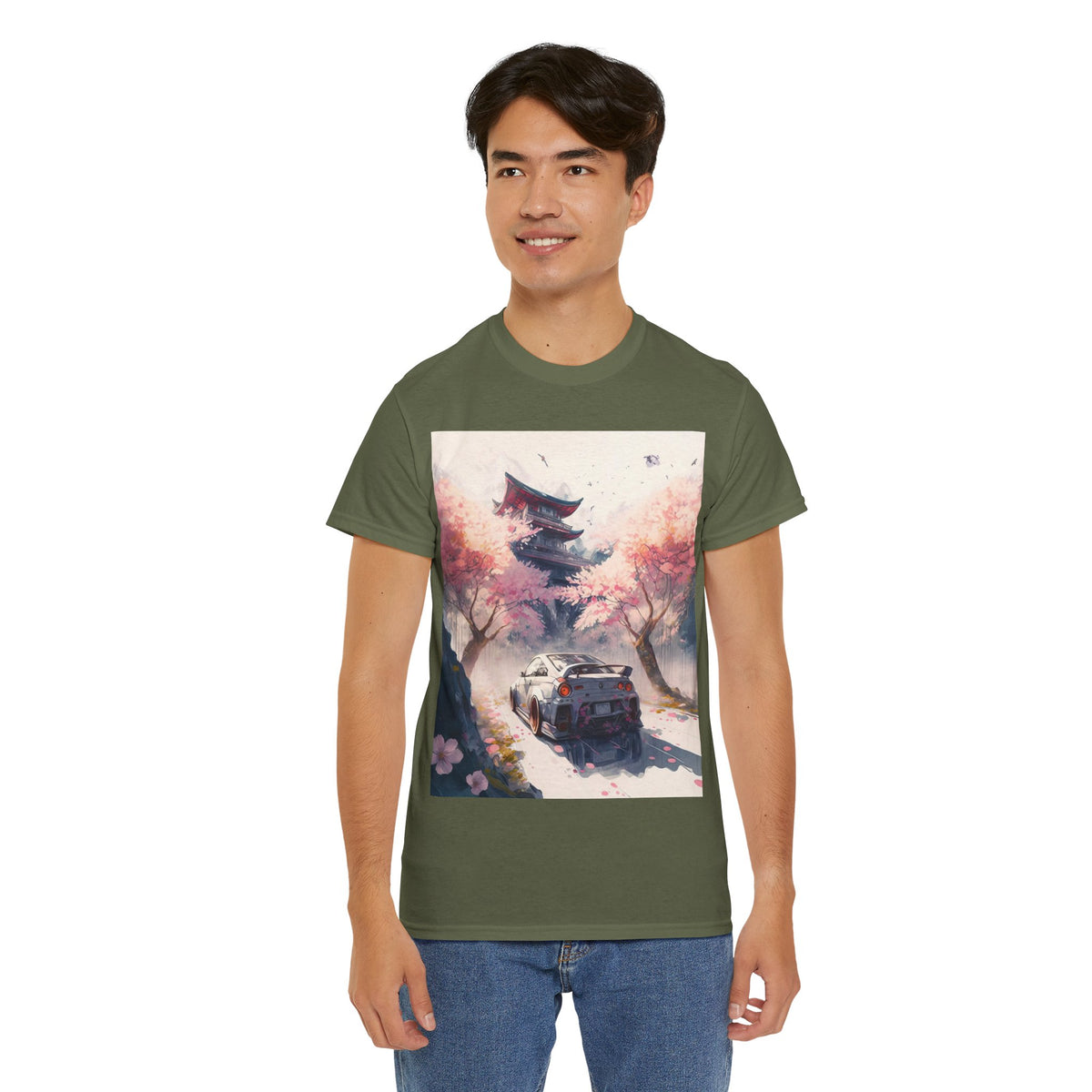 Sakura Drift Retro Sports Car Tee — Cherry Blossom JDM Graphic T-Shirt