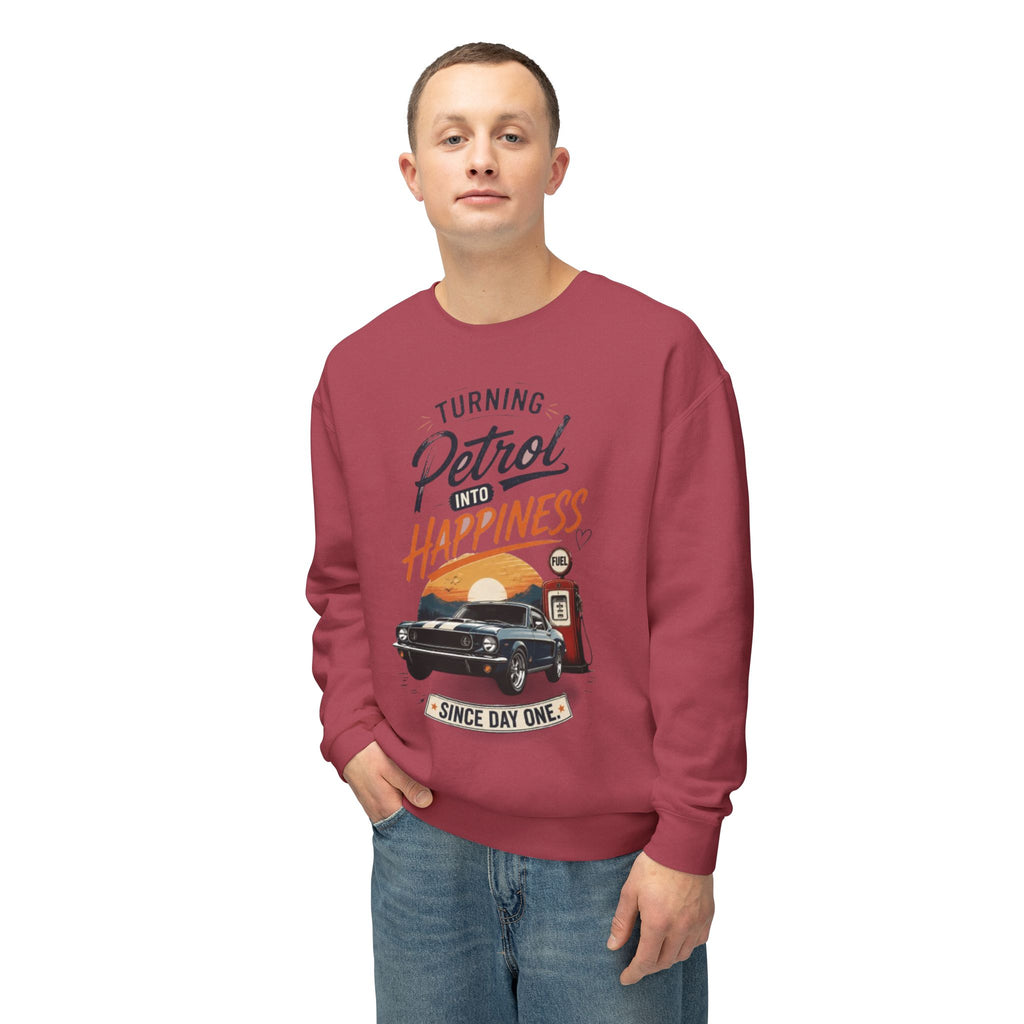 Petrol Into Happiness Crewneck Sweatshirt — Classic Car & Vintage Gas Pump Graphic