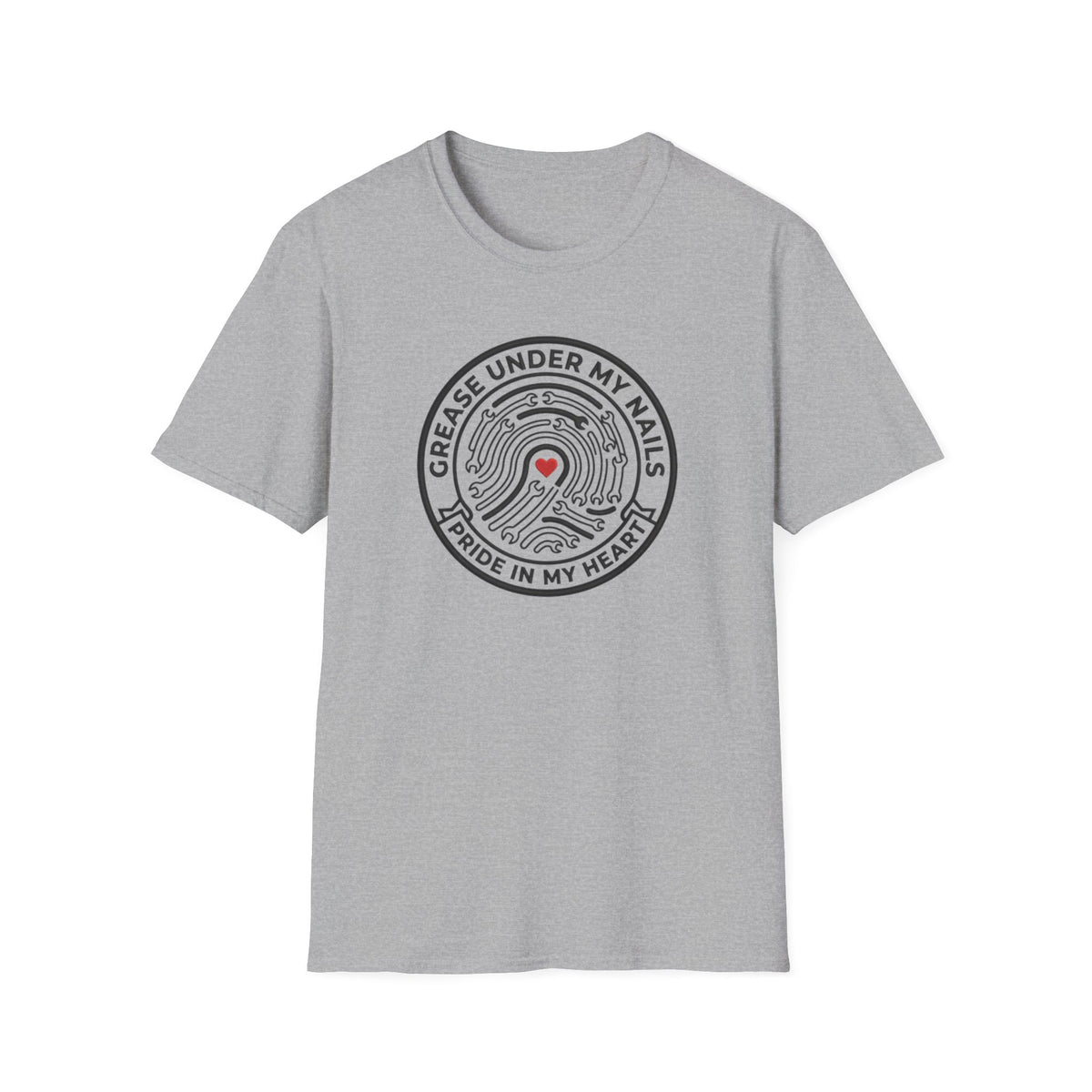 T-Shirt — "Grease Under My Nails, Pride in My Heart" Mechanic Heart Graphic Tee