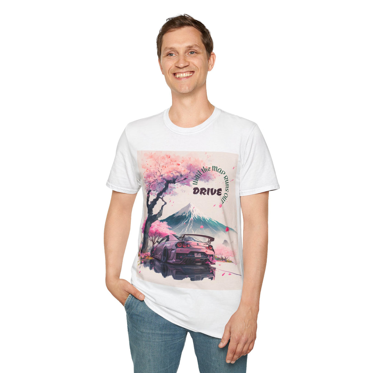 Cherry Blossom Skyline Drive T-Shirt | Retro Car, Mount Fuji