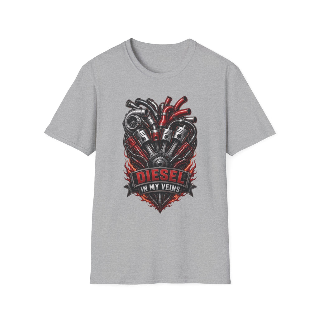 Diesel In My Veins T-Shirt — Engine Heart Graphic Tee for Car & Motor Enthusiasts
