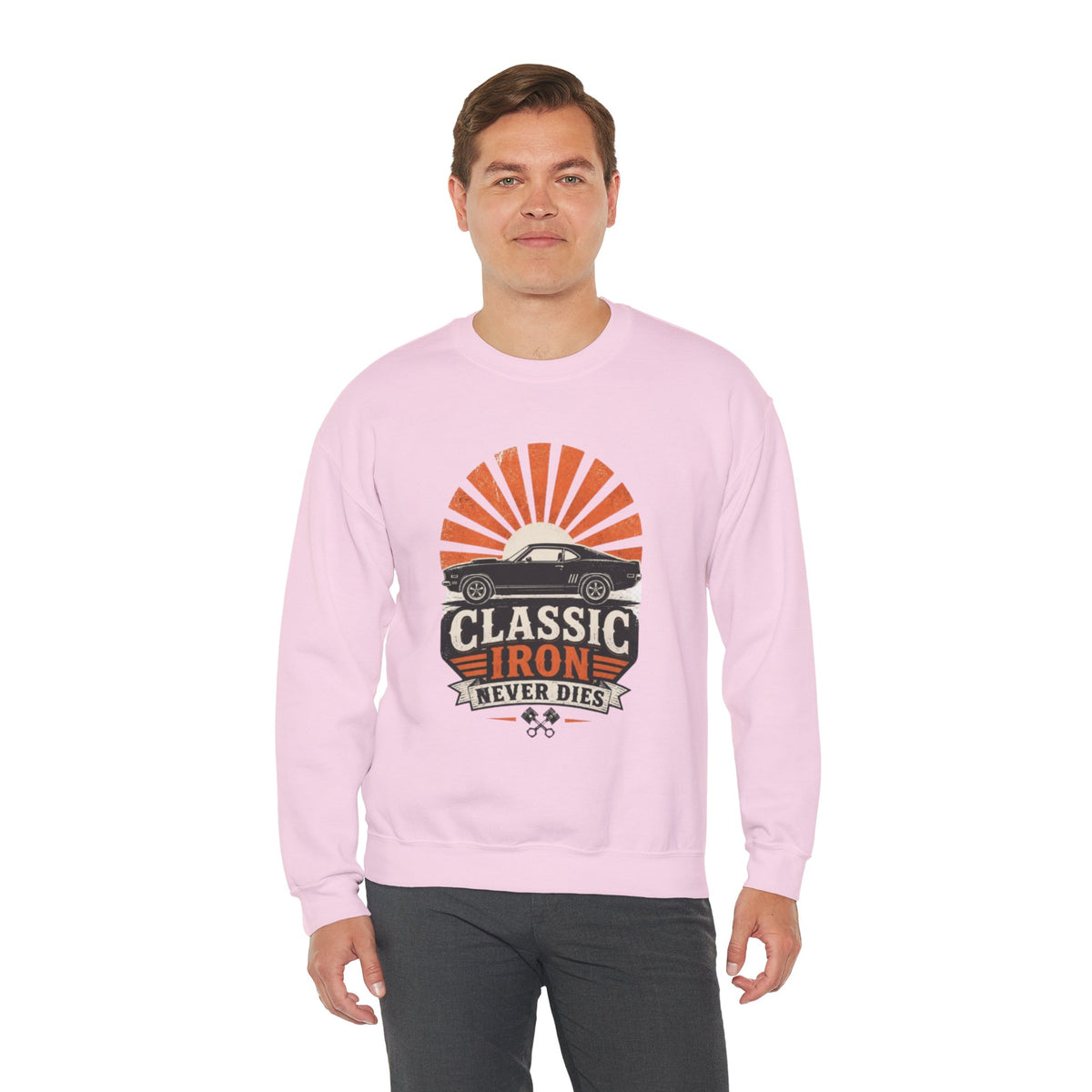 Classic Car Sweatshirt - "Classic Iron Never Dies" Retro Muscle Car Crewneck