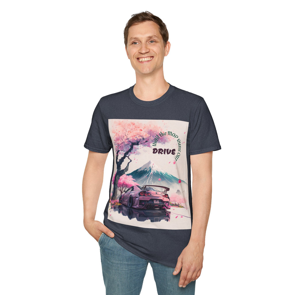 Cherry Blossom Skyline Drive T-Shirt | Retro Car, Mount Fuji