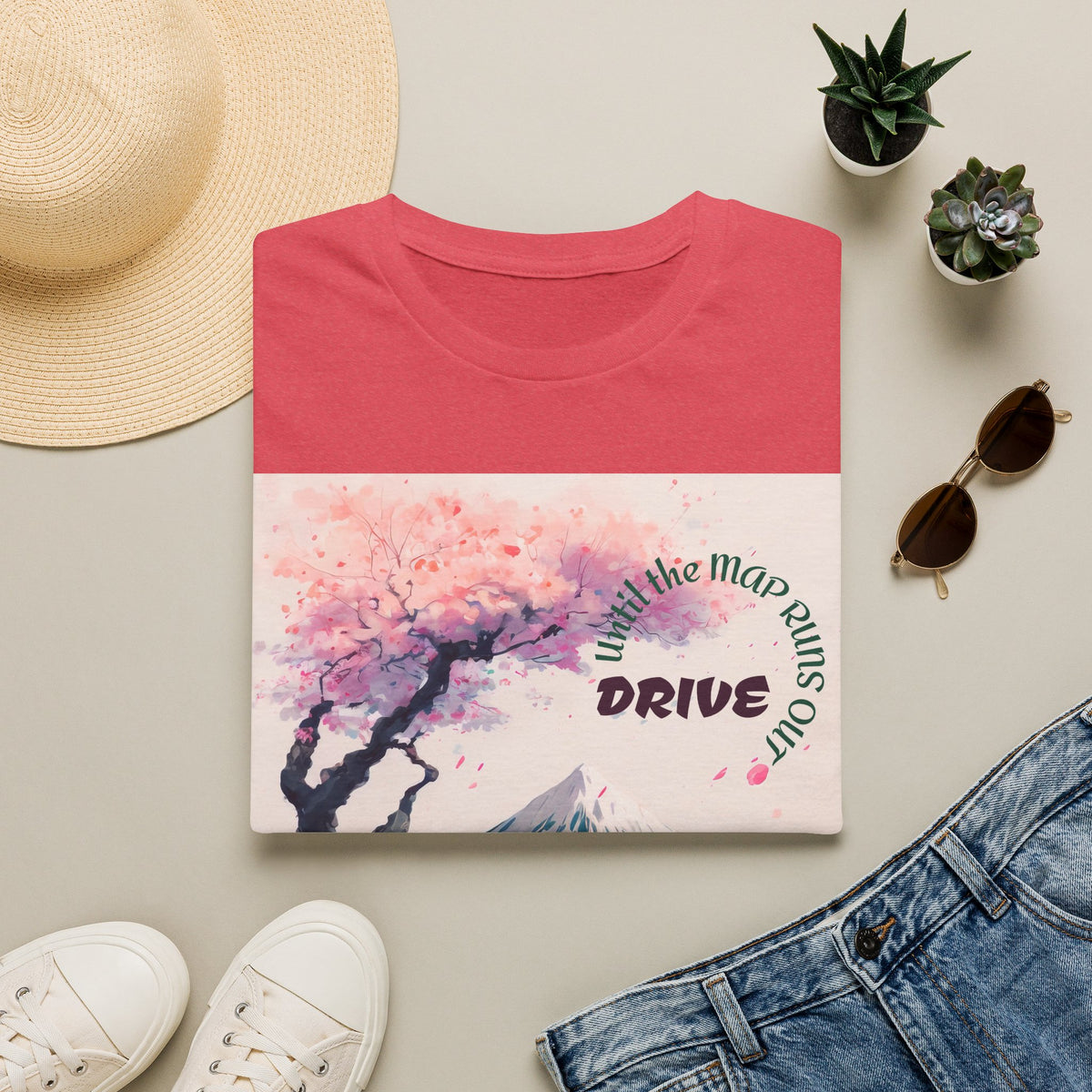 Cherry Blossom Skyline Drive T-Shirt | Retro Car, Mount Fuji