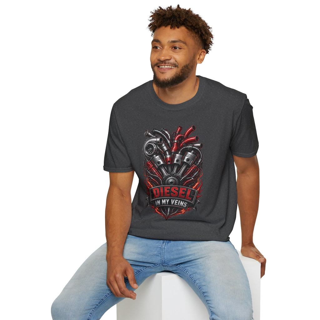 Diesel In My Veins T-Shirt — Engine Heart Graphic Tee for Car & Motor Enthusiasts