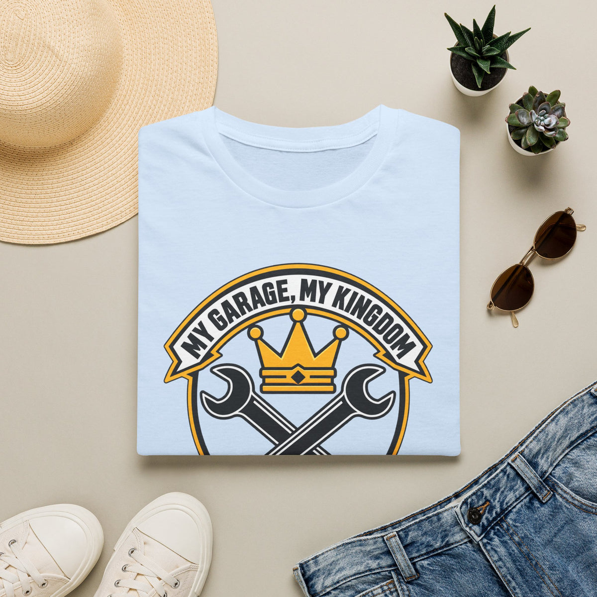 Garage King T-Shirt — "My Garage, My Kingdom" Wrench & Crown Tee