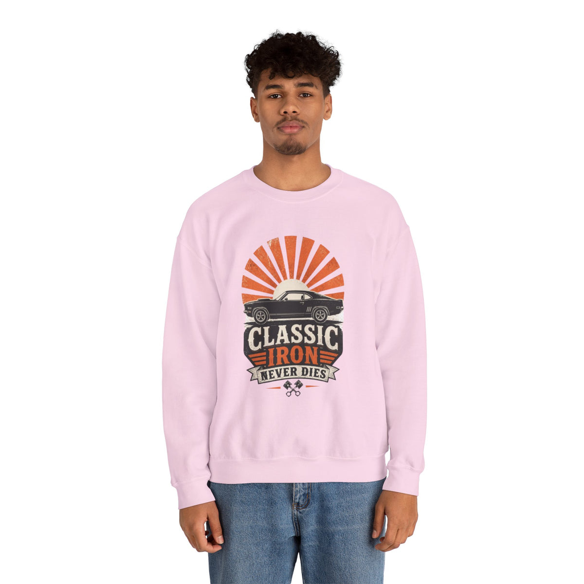 Classic Car Sweatshirt - "Classic Iron Never Dies" Retro Muscle Car Crewneck