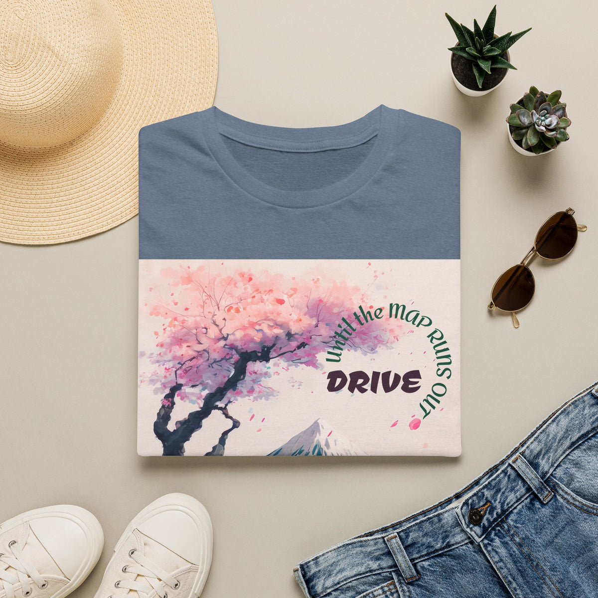 Cherry Blossom Skyline Drive T-Shirt | Retro Car, Mount Fuji