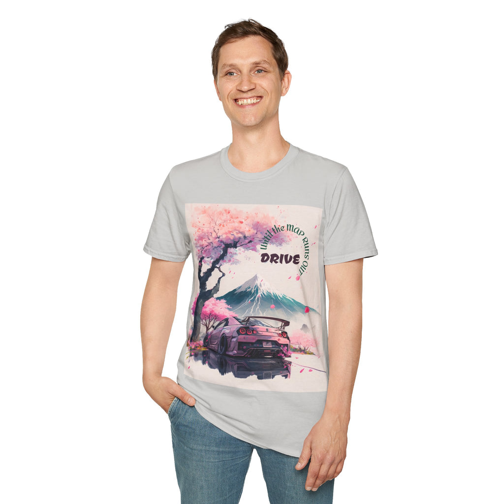 Cherry Blossom Skyline Drive T-Shirt | Retro Car, Mount Fuji